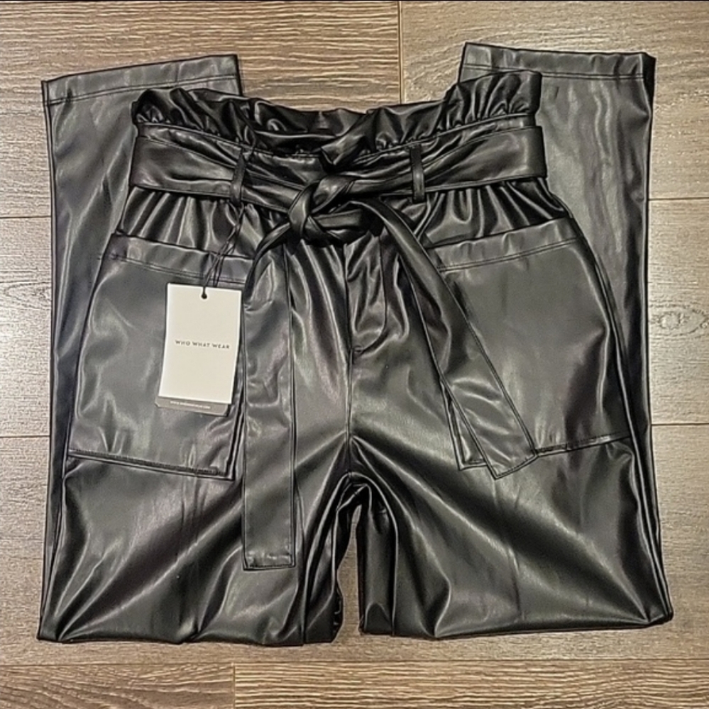 ❤️ NWT! WHO WHAT WEAR HIGH RISE TIE WAIST VEGAN LEATHER MOM PANTS, 4 (27)